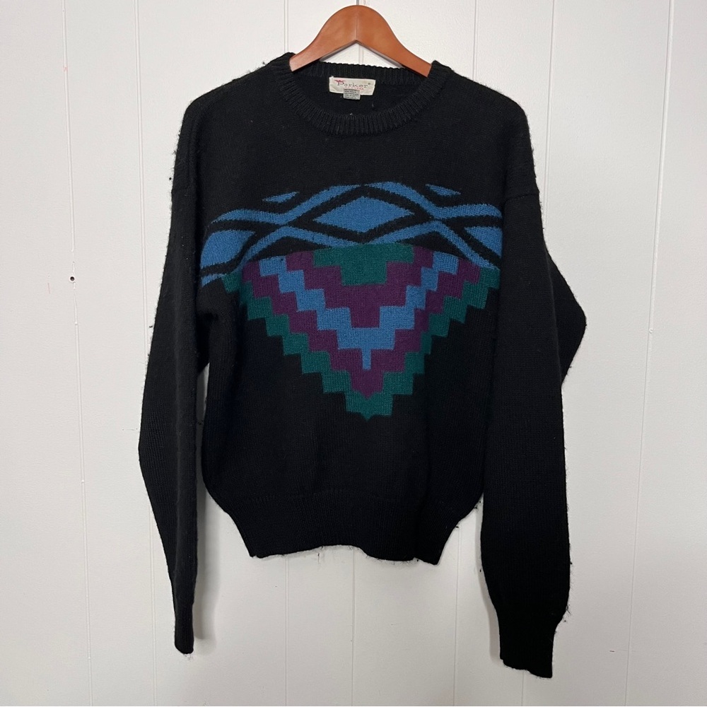 Vintage Parker of Vienna Shetland Wool Black Geometric Pattern Sweater Size L